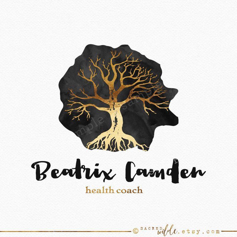 Black Tree with Roots Logo - Black and Gold Tree Logo Design, Tree with Roots, Watercolour Logo