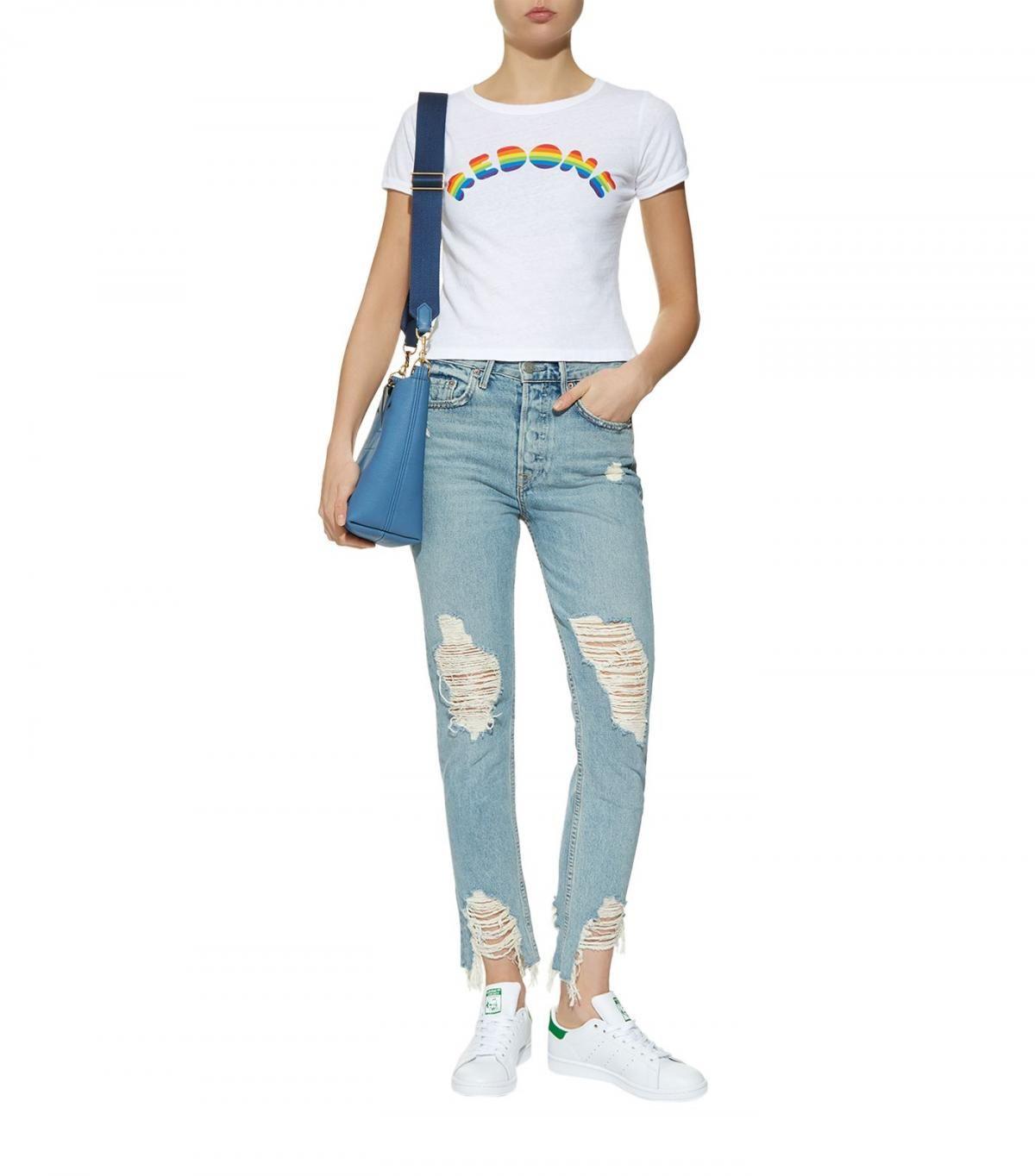 Rainbow Person Logo - White - Re/Done Cotton Rainbow Logo T-Shirt Womens Tops White - Rose ...