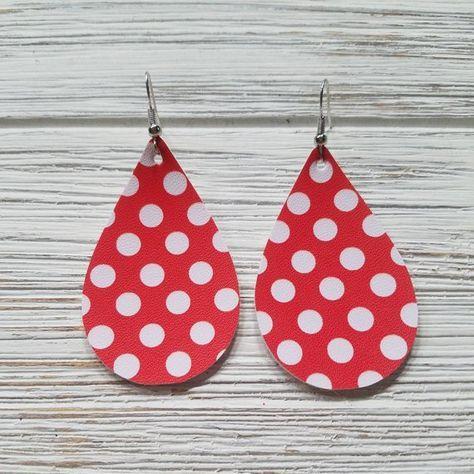 Red Circle with White Teardrop Logo - Red & White Polka Dot Faux Leather Teardrop Earrings Vegan Leather