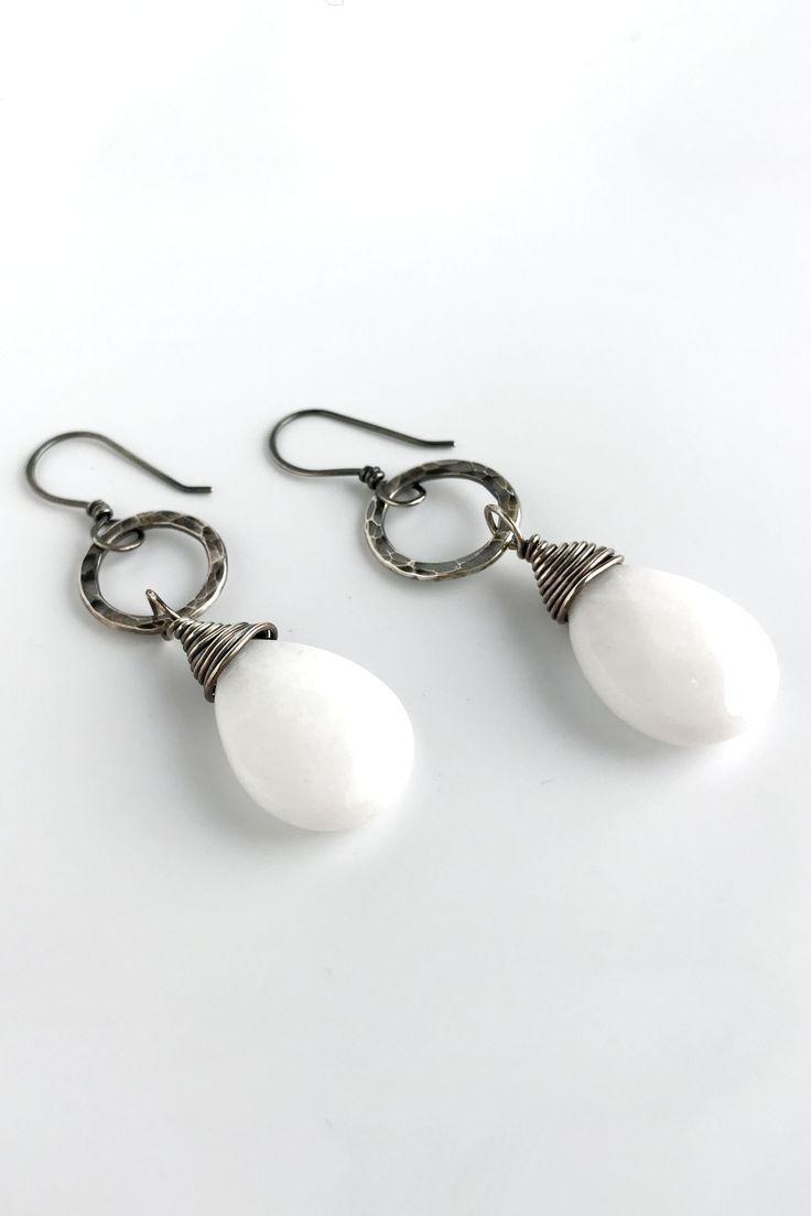 Red Circle with White Teardrop Logo - Teardrop white jade earrings, hammered silver circle with faceted