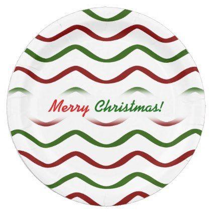 Red and Green with Wavy Lines Logo - Merry Christmas!; Red & Green Wavy Lines Pattern Paper Plate