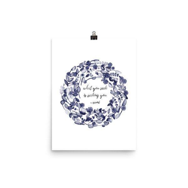 I Seek You Flower Logo - Cobalt Blue Leaves, Flowers, and Drops Watercolor Wreath // Art