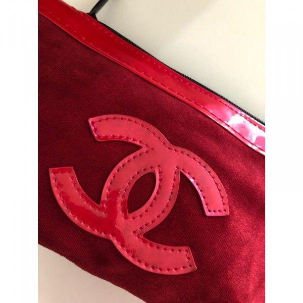 Red CC Logo - Chanel Black / Red CC LOGO Faux Leather Makeup Cosmetic Bag Pouch