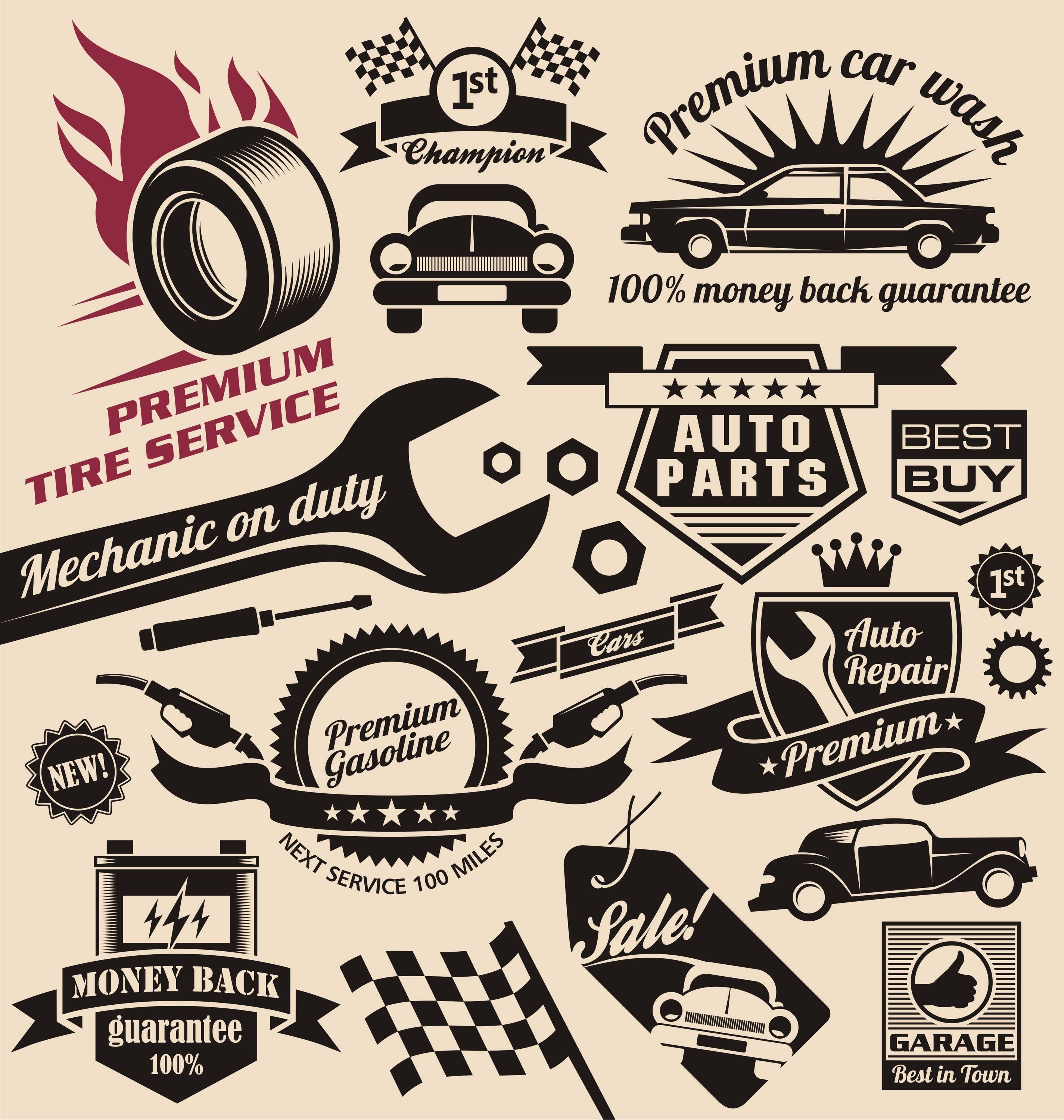 Vintage Automotive Repair Logo - Vector set of vintage car symbols and logos