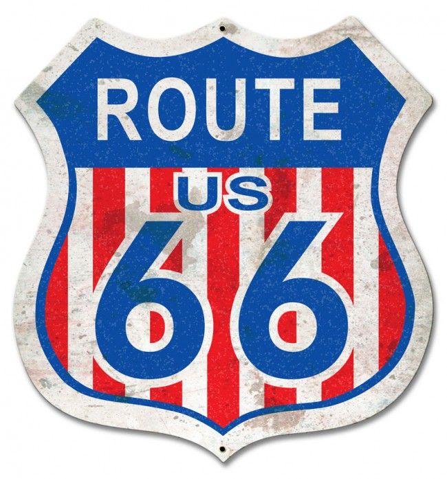 Sport Red White and Blue Shield Logo - Route 66 Red White Blue Shield Metal Sign Past Time Signs
