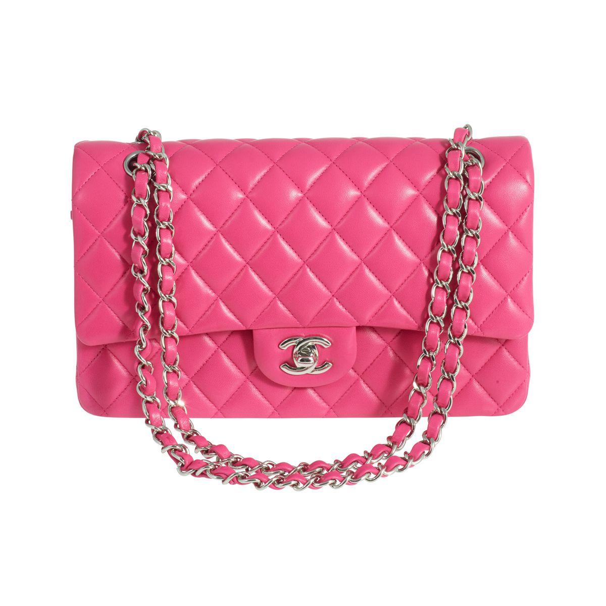 Hot Pink Chanel Logo - CHANEL Classic Double Flap Medium Hot Pink Lambskin Silver Hardware ...
