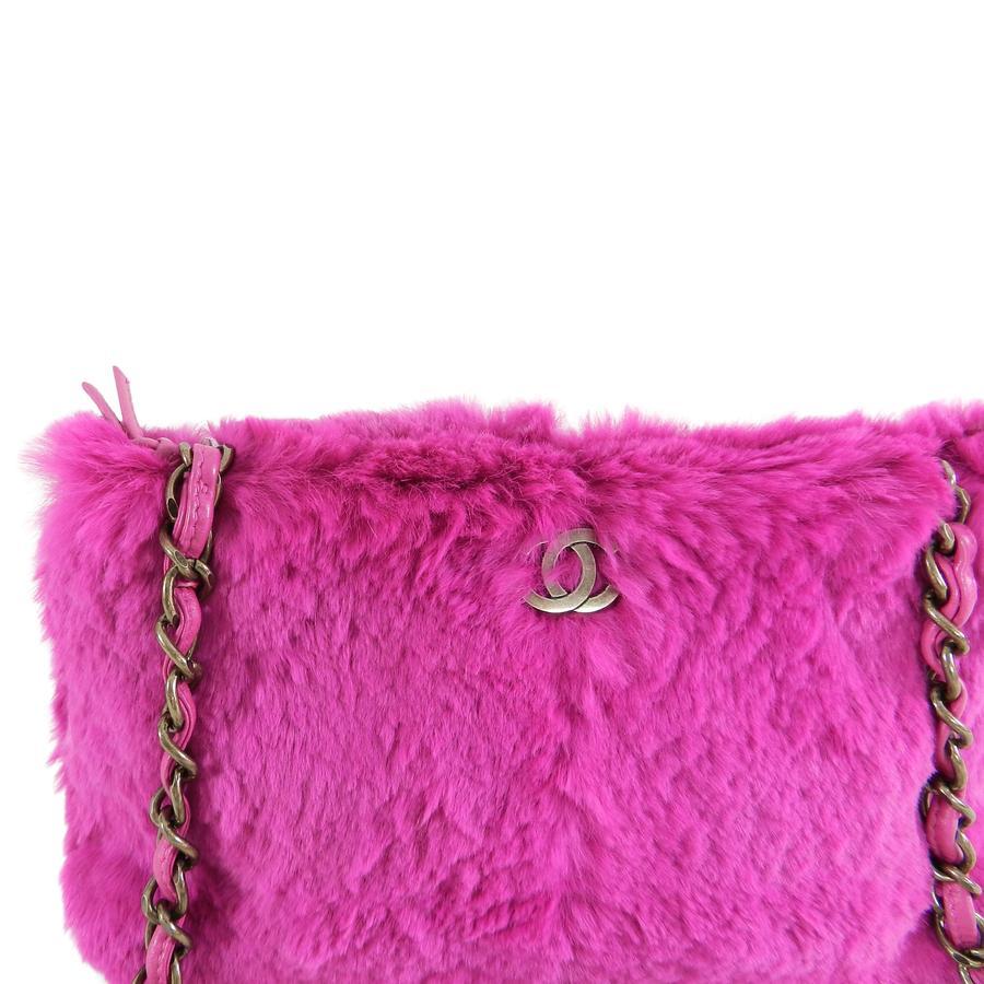 Hot Pink Chanel Logo - Chanel Hot Pink Rabbit Fur CC Logo Bag with Chain Strap