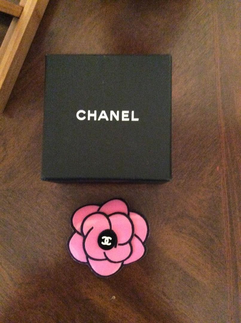 Hot Pink Chanel Logo - Classic hot pink plastic Chanel brooch with black trim and black ...
