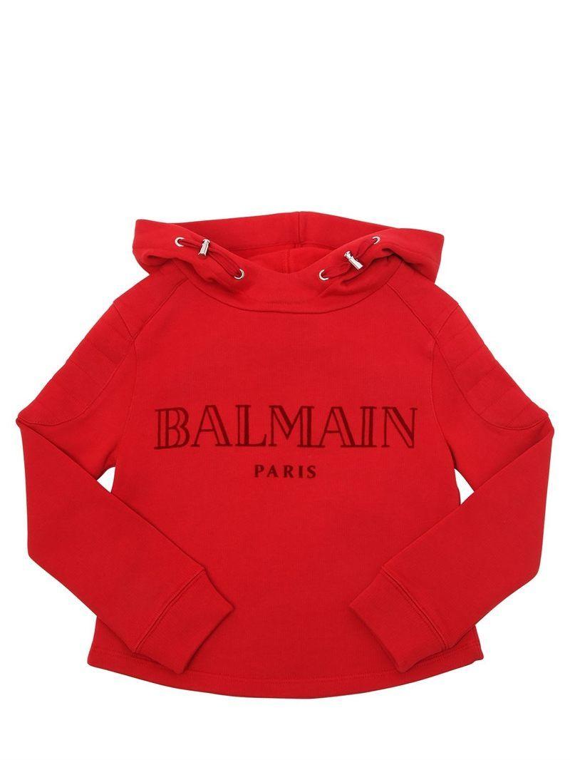 Cute Red Logo - BALMAIN - LOGO FLOCKED COTTON SWEATSHIRT HOODIE - RED | cute clothes ...