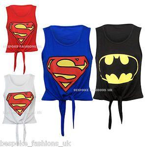 Women's Superhero Logo - Ladies Women's Girls Super Hero Print Tie Front Cropped Summer Top