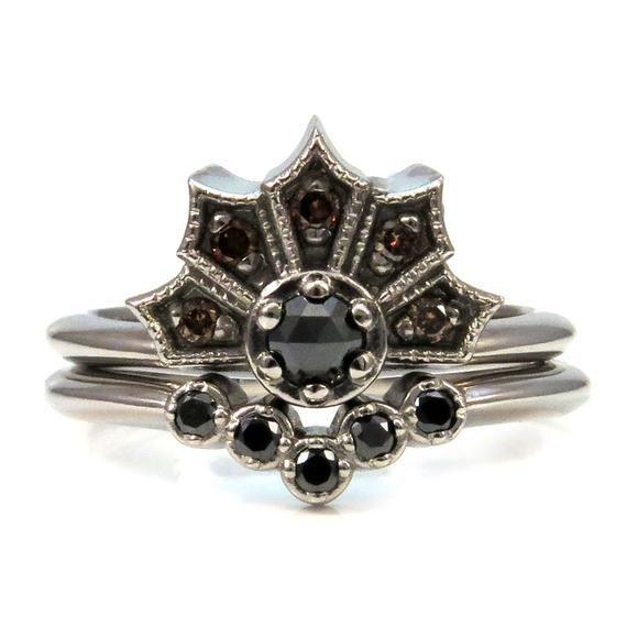 Black Diamond Crown Logo - Gothic White Gold and Black Diamond Crown Ring set with
