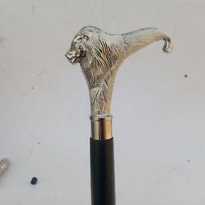 Walking Silver Lion Logo - Vintage Designer Brass Silver Lion Head Handle Walking Stick Antique ...