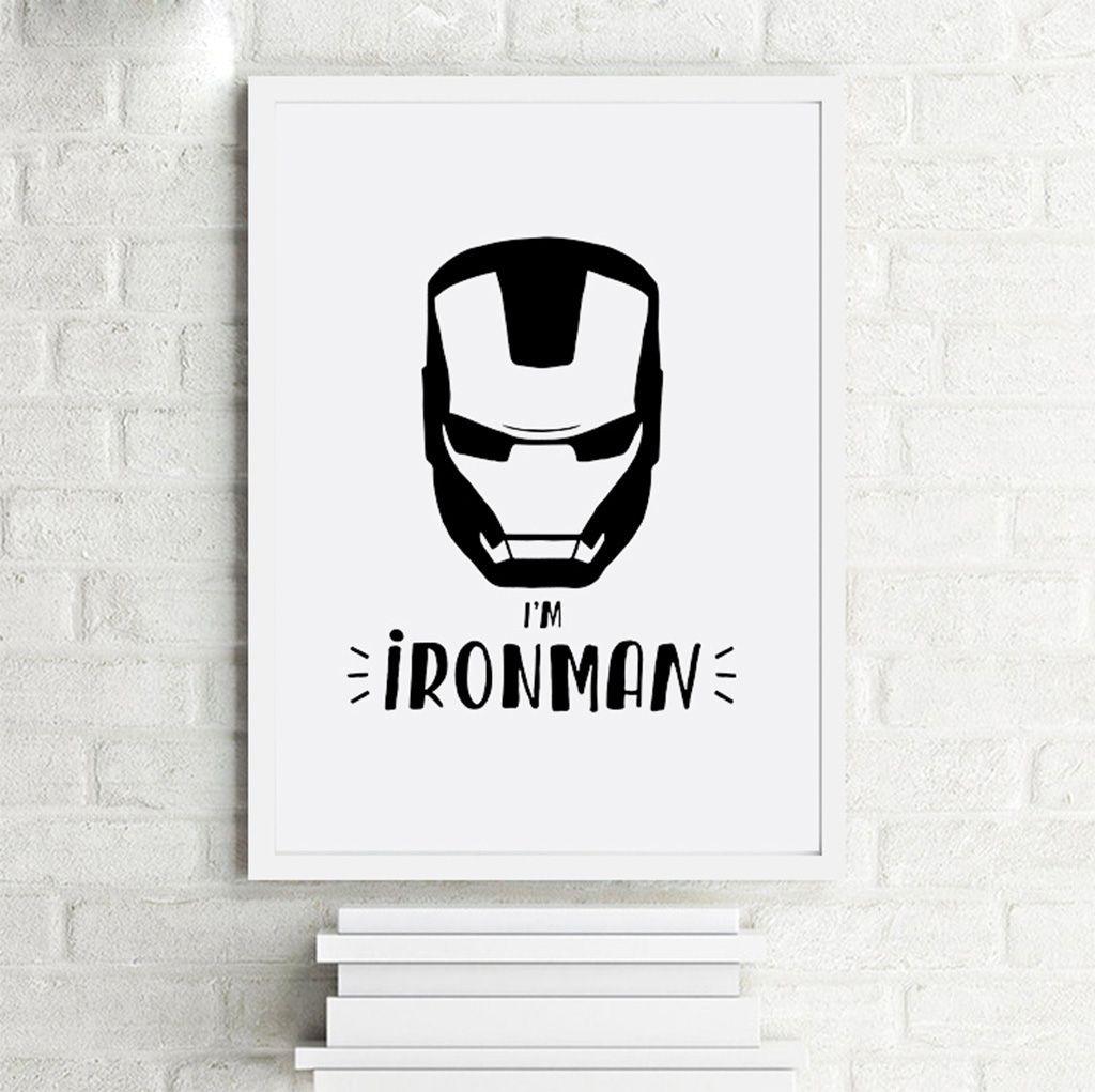 Iron Man Black and White Logo - Cute Cartoon Superhero Minimalist Art Canvas Poster Print Iron Man