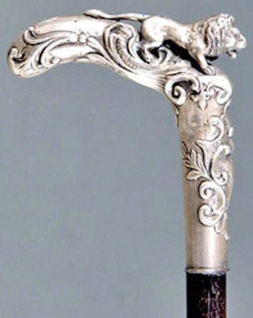 Walking Silver Lion Logo - Lion & Scroll Cane; 800 Silver Handle, Wood Shaft, 37 inch. A silver