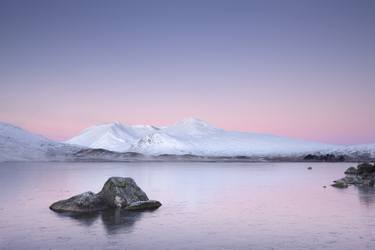 Pink and Blue Mountain Water Logo - Sunset winter snow mountain, frozen lake water ice, blue and pink ...