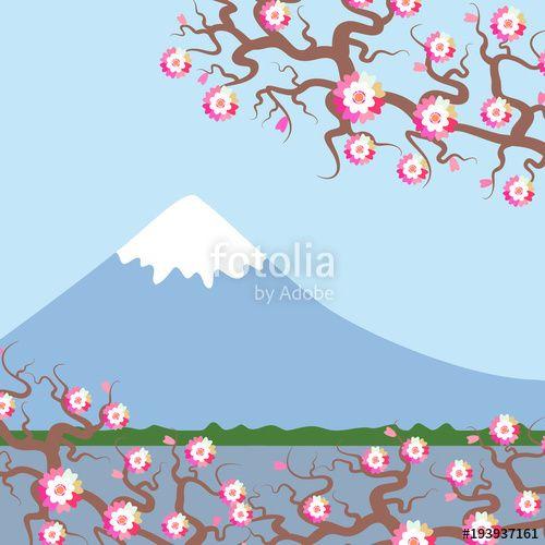 Pink and Blue Mountain Water Logo - Mount Fuji, Spring Nature background with Japanese cherry blossoms ...