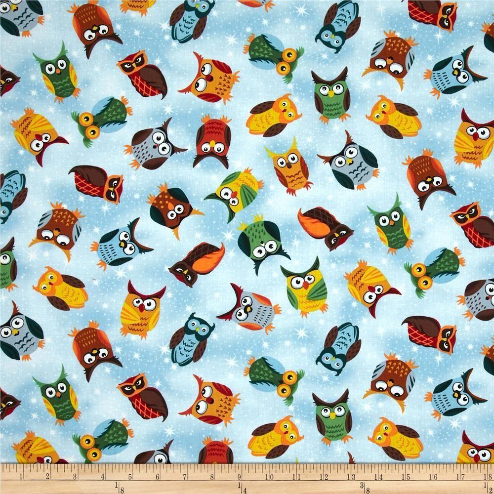 Black Red and Green Owl Logo - Nite Owls Multi Tossed Owls Blue | Oliver | Quilts, Fabric, Owl fabric