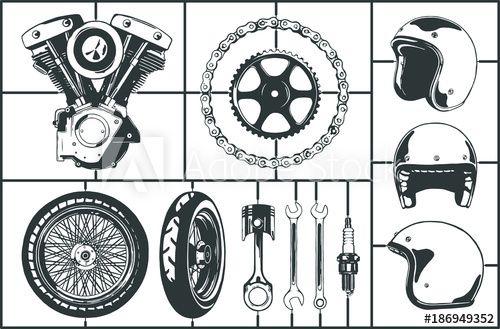 Piston and Wrench Logo - Motorcicle logo modeling elements set. Motor, wheel, chain ...