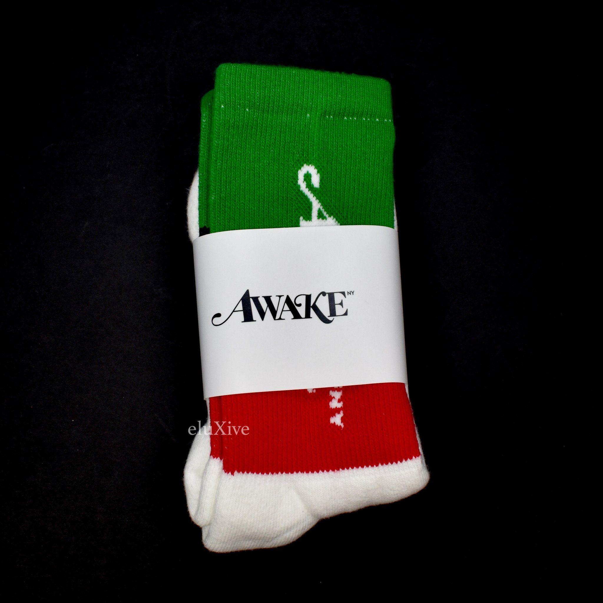 Red Black Green Logo - Awake NY / Black / Green Stripe Logo Knit Crew Socks
