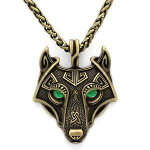 Green and Gold Viking Logo - Antique Gold Tone Celtic Viking Wolf Head With Green Eyes Pendant