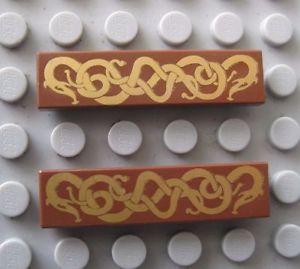 Green and Gold Viking Logo - LEGO 2 pcs VIKING TILE 1x4 GOLD SNAKES PATTERN Reddish Brown 10185 ...