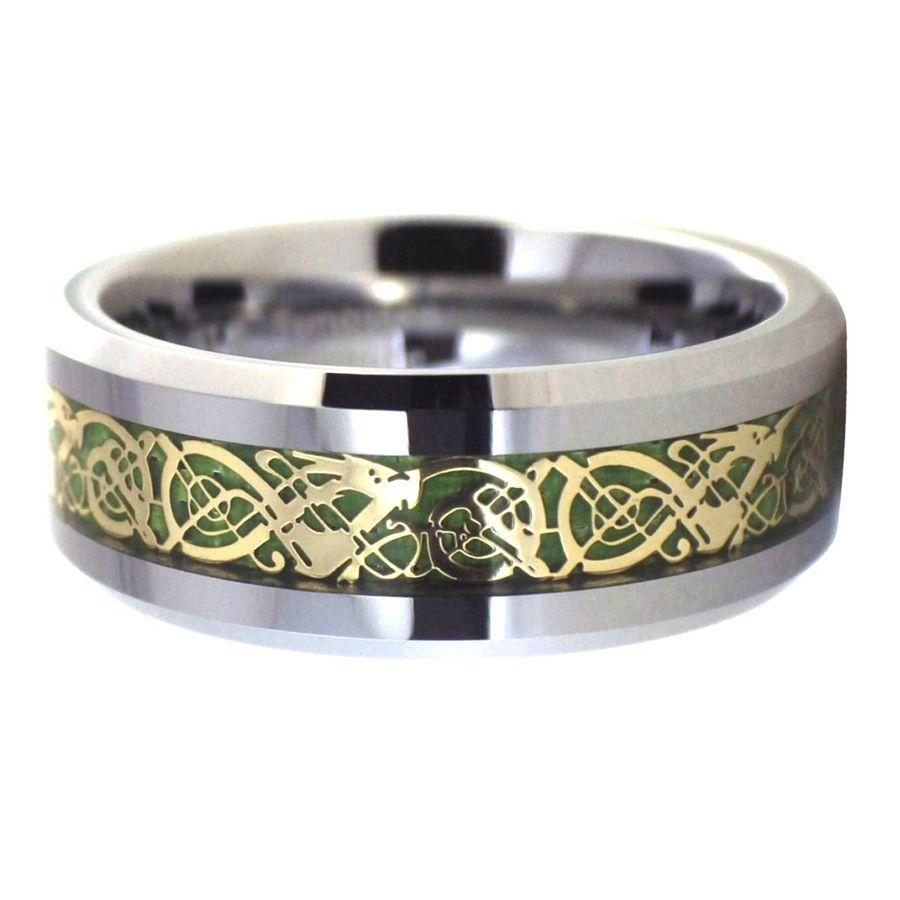 Green and Gold Viking Logo - Gold Celtic Dragon Green Carbon Fiber Ring Tungsten Wedding Band