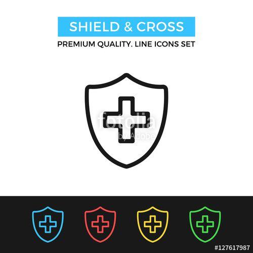 Thin Cross Logo - Vector shield and cross icon. Thin line icon