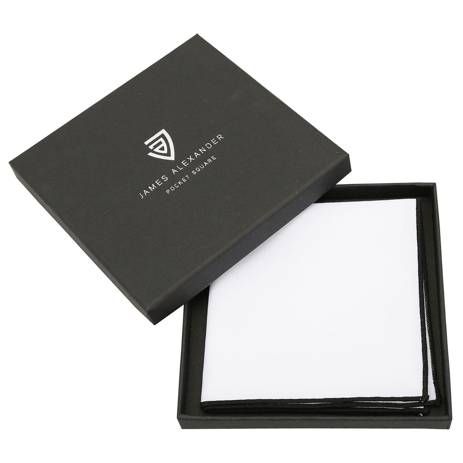 White with Black Square Logo - White Cotton Pocket Square With Black Trim