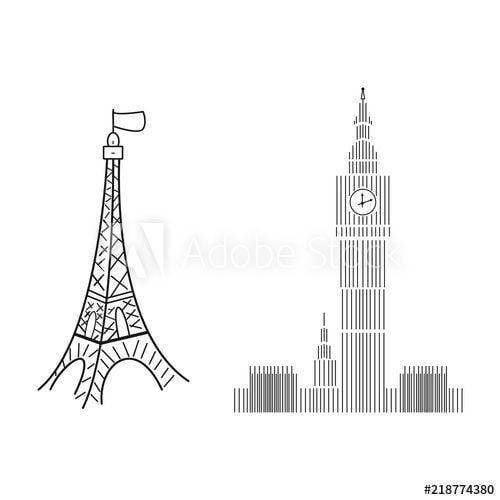 Big Ben Logo - Big Ben logo and Eiffel Tower sign on white background hand drawing ...