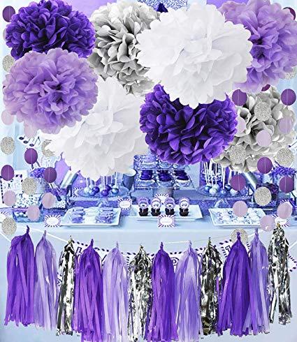Purple and White Circle Logo - Bridal Shower Decorations Purple White Silver TIssue Pom