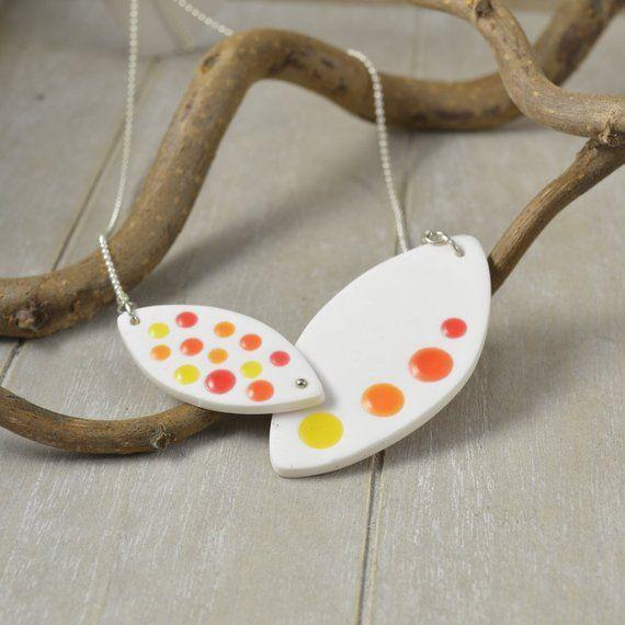 Orange and Yellow Dots with Red Circle Logo - White red polka dot orange yellow polymer clay necklace | Etsy