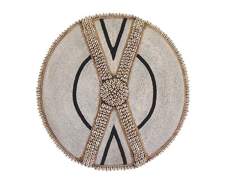 Shield White Cross Logo - African Creative - Beaded Shield with Black and Cowrie Cross