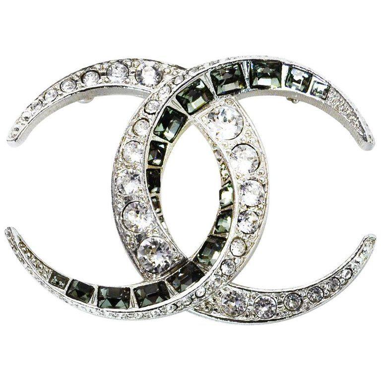 Diamond Chanel Logo - Chanel Logo CC Silvertone Clear Round and Grey Square Crystal Brooch ...
