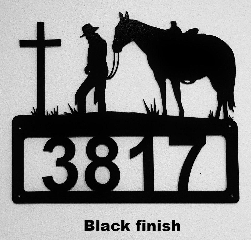 Praying Cowboy Black and White Logo - Cowboy & Cross Metal Address Sign. Praying Cowboy & Cross House ...