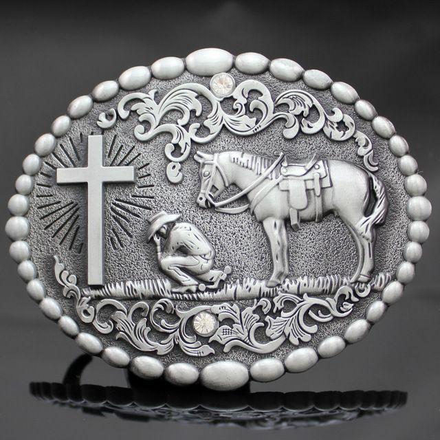 Praying Cowboy Black and White Logo - Vintage Retro Silver Western Cowboy Prayer Cross Horse Oval Dome