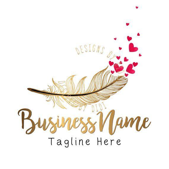 Gold Feather Logo - Custom logo design gold feather pink hearts logo feather | Etsy