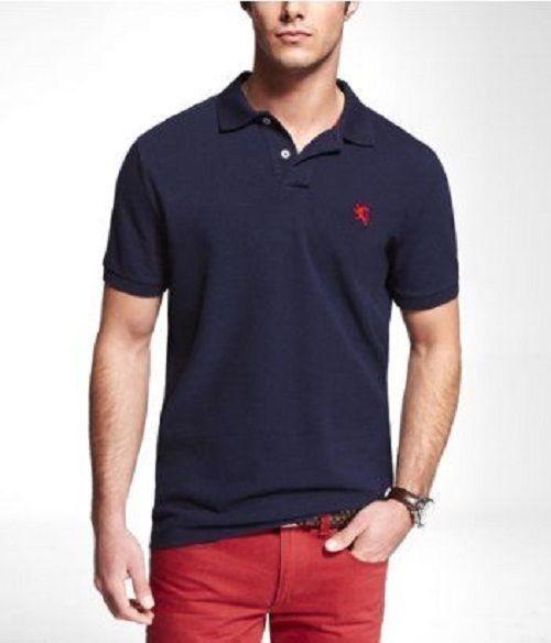 Men's Fashion Lion Logo - NEW EXPRESS Mens Navy Fitted Drop Hem Small Lion Logo Pique Polo