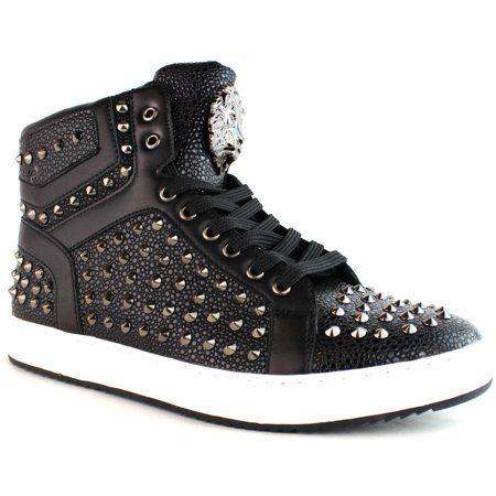 Men's Fashion Lion Logo - Faranzi Men's Fashion Leather High Hi Sneakers Studs Black Silver ...