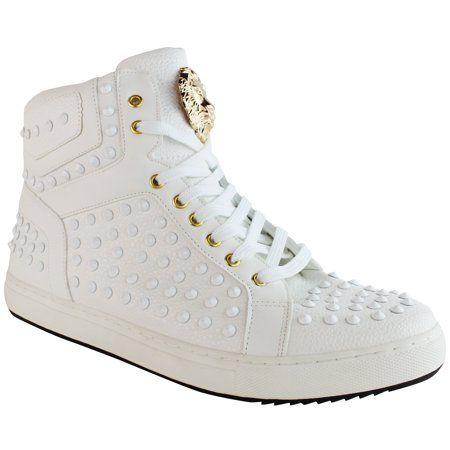 Men's Fashion Lion Logo - Faranzi - Faranzi Men's Fashion Leather High Hi Sneakers Studs White ...