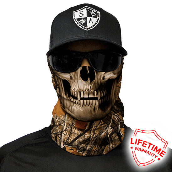 Camo Skull Logo - Hunting Face Shield. Hunting Neck Gaiter. Forest Camo Skull