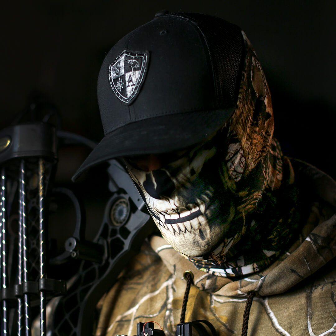 Camo Skull Logo - Hunting Face Shield. Hunting Neck Gaiter. Forest Camo Skull