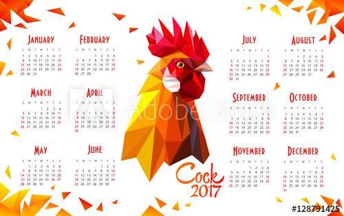 Rooster Triangle Logo - Calendar 2017 on white background with a rooster. Red fiery cock