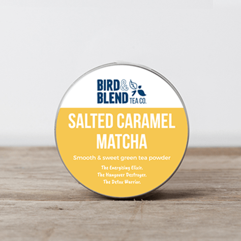 Blue Bird with Yellow Circle Logo - Salted Caramel Matcha 30g Tin. Bluebird Tea Co