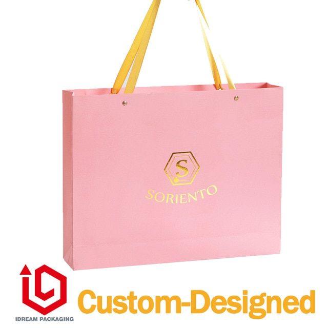 Gold Ribbon Logo - 100% factory gold ribbon handle pink color paper bag emboss golden