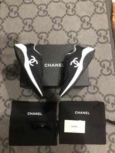 CC and White Logo - Chanel Black Nylon Lace Up Sneakers CC White Logo