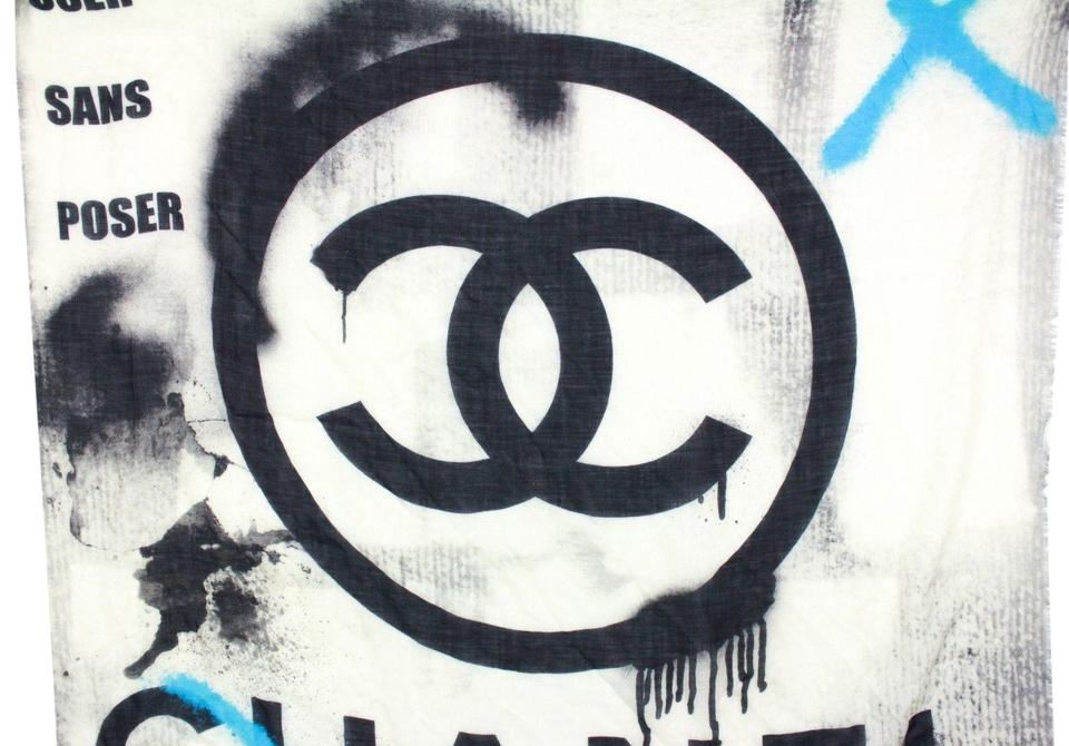 CC and White Logo - Chanel White/Blue/Black Graffiti Cashmere Large Silk Cc Logo Scarf ...
