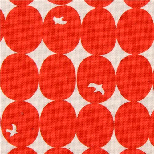 Bird On Red Oval Logo - Natural Color Canvas Fabric Orange Red Oval Small Bird Kokka Japan