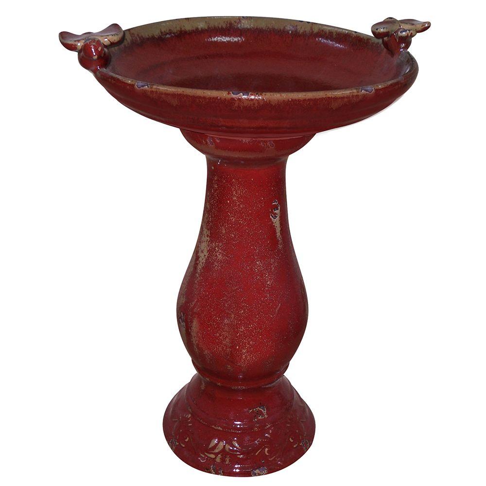 Bird On Red Oval Logo - Alpine 24 In. Red Antique Ceramic Birdbath With 2 Birds TLR102RD