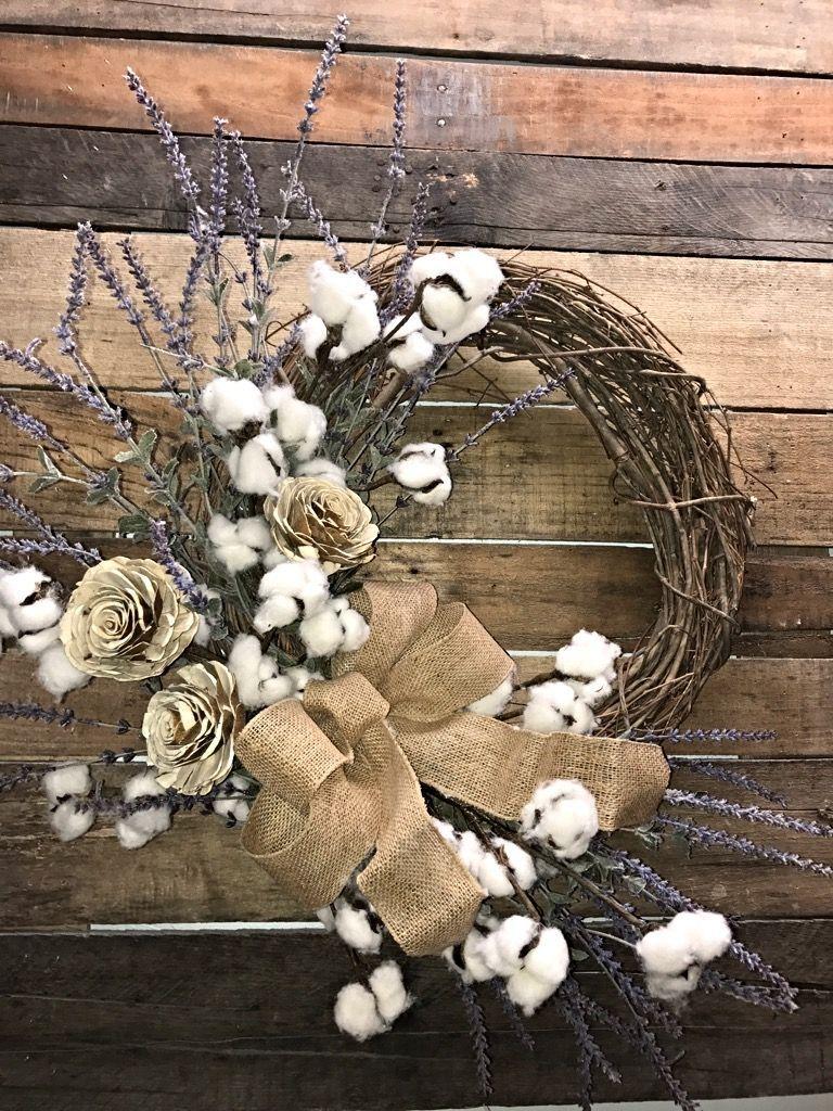 Rustic Wreath Logo - Farmhouse Wreath, Lavender and Cotton Bolls, Rustic Wreath, Everyday