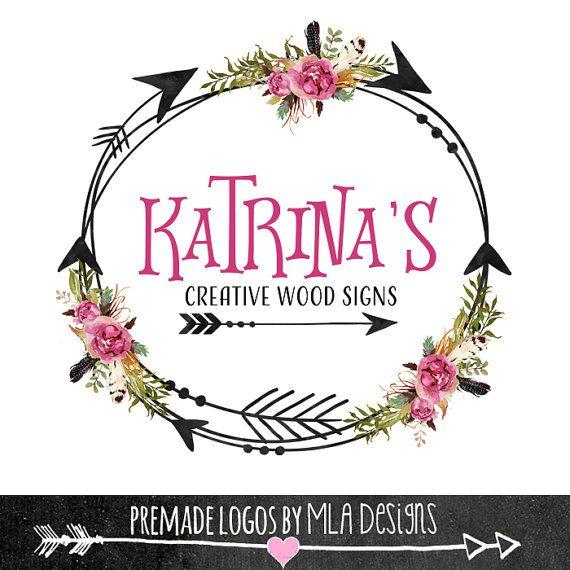 Rustic Wreath Logo - Flower and Arrow Wreath Logo logo, Premade Boho Logo